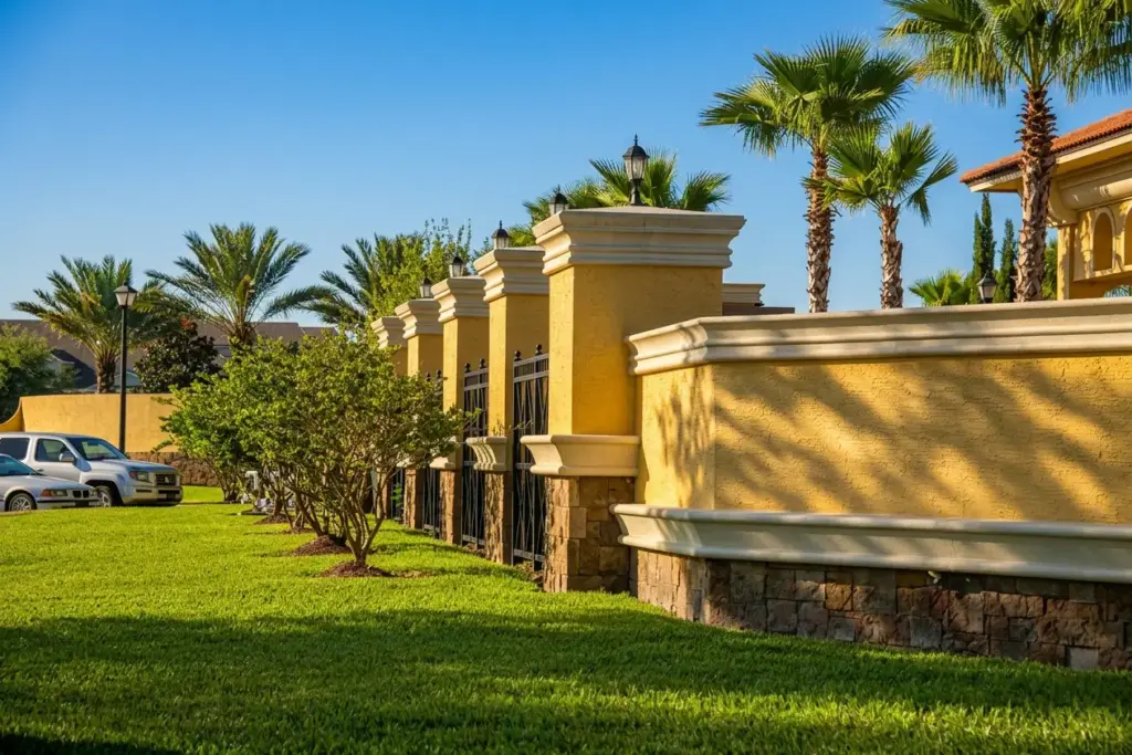 Elegant Spanish style stucco fence featuring decorative fence panels outdoor and stone bases, providing high-end privacy for the exterior living space.